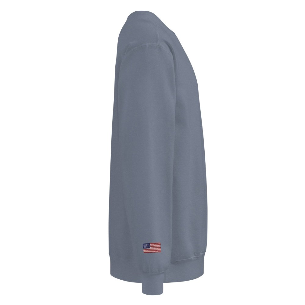 Right-side view of blue gray HAGS Have a Great Summer USA crewneck sweatshirt.
