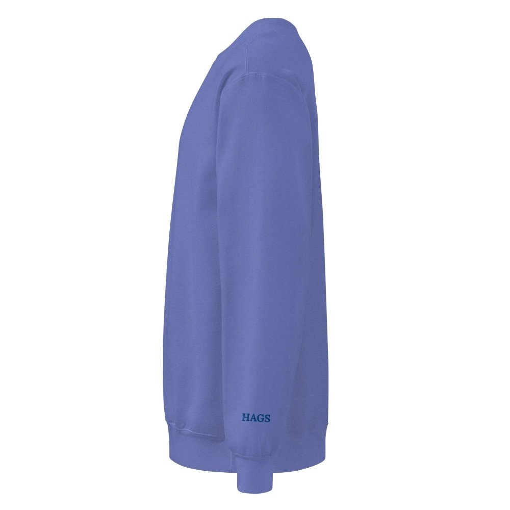 Left-side view of blue HAGS Have a Great Summer USA crewneck sweatshirt.