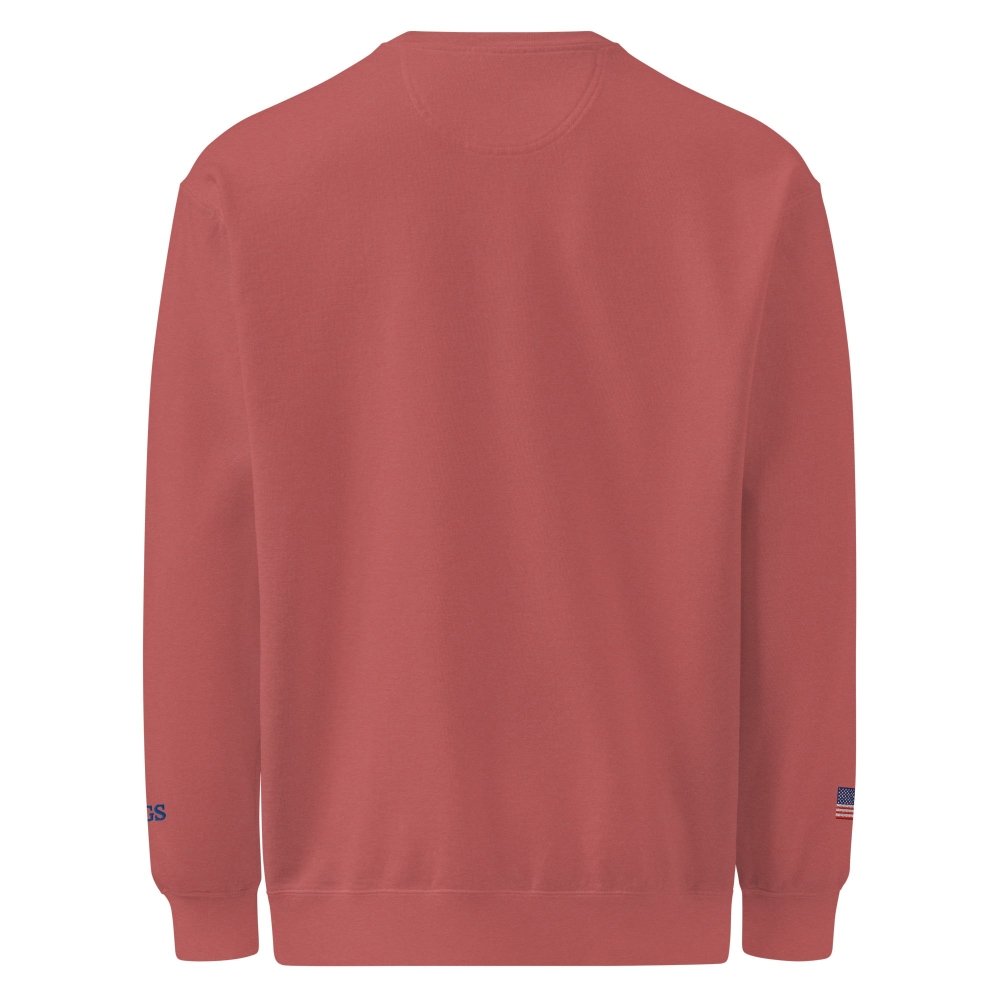 Back view of faded red HAGS Have a Great Summer USA crewneck sweatshirt, showing plain back.