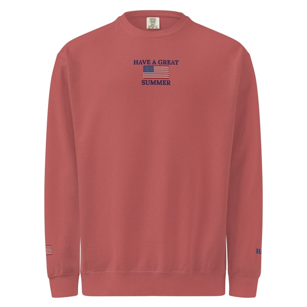 Front view of faded red HAGS Have a Great Summer USA crewneck sweatshirt, showing small American flag and Have a Great Summer chest embroidery.