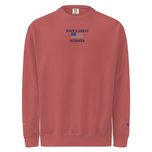 Front view of faded red HAGS Have a Great Summer USA crewneck sweatshirt, showing small American flag and Have a Great Summer chest embroidery.