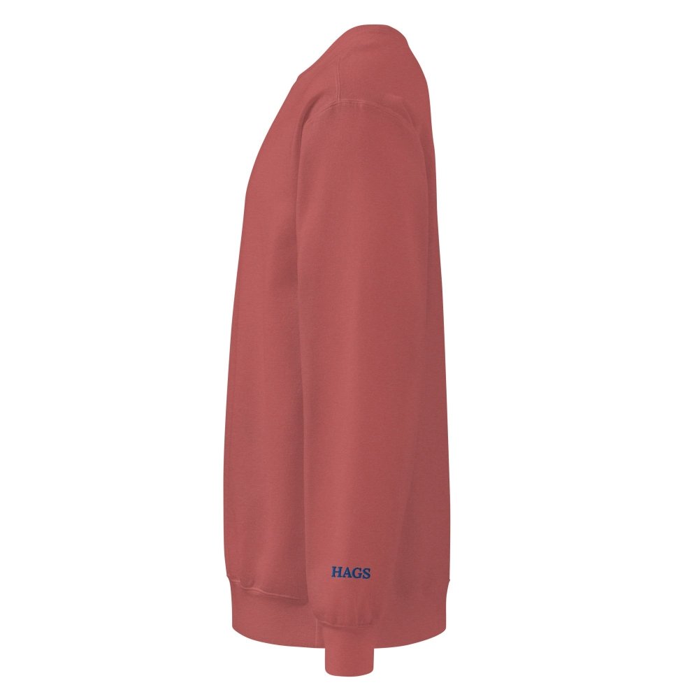 Left-side view of faded red HAGS Have a Great Summer USA crewneck sweatshirt.
