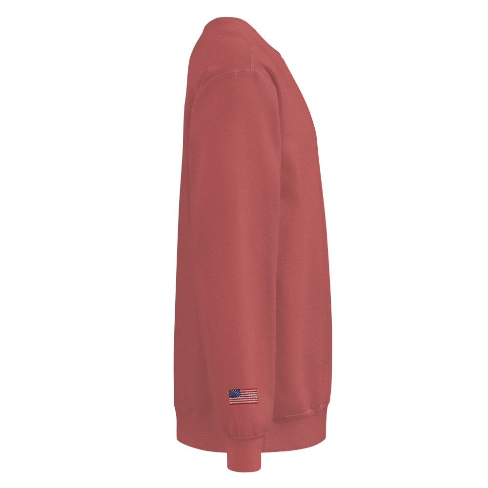 Right-side view of faded red HAGS Have a Great Summer USA crewneck sweatshirt.