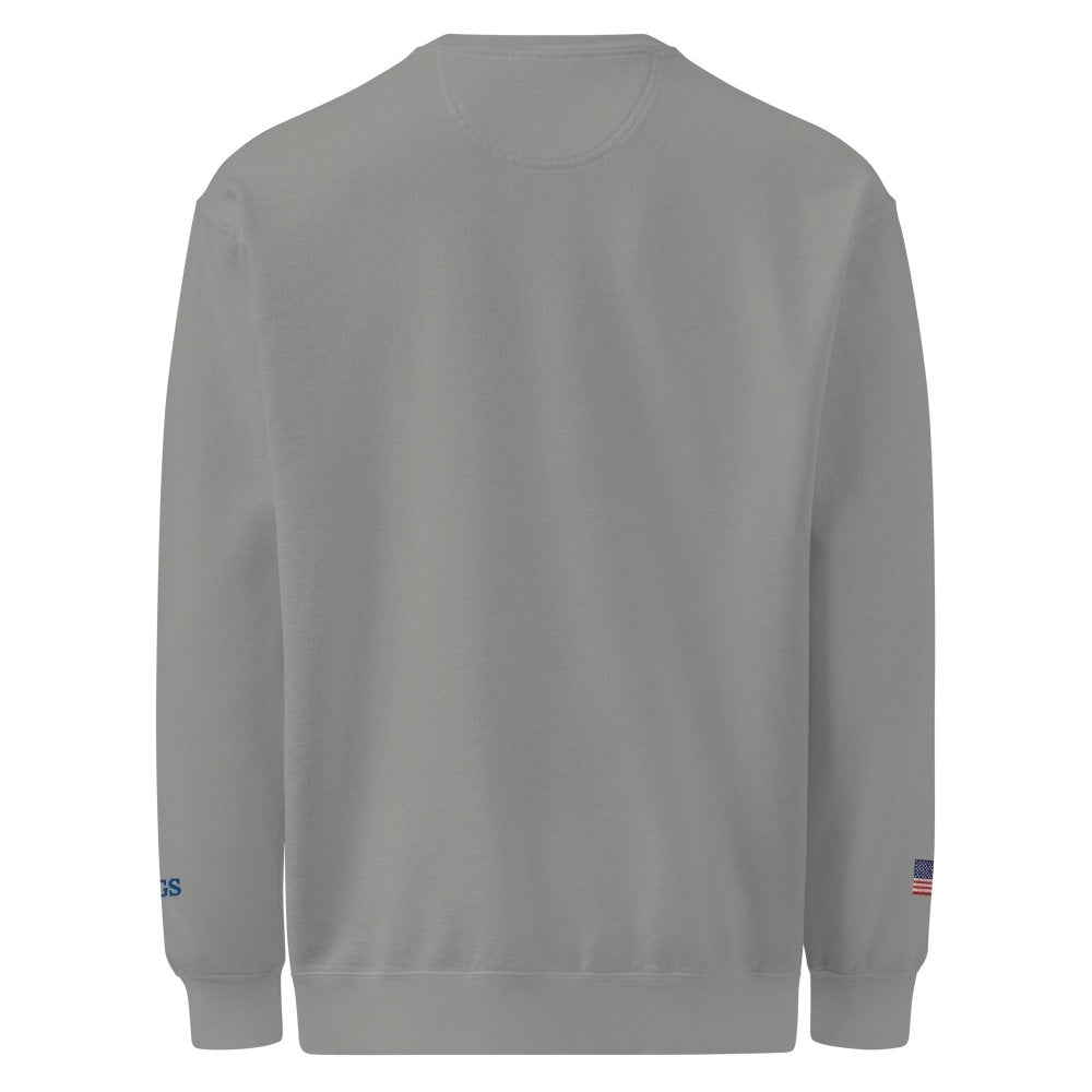 Back view of gray HAGS Have a Great Summer USA crewneck sweatshirt, showing plain back.