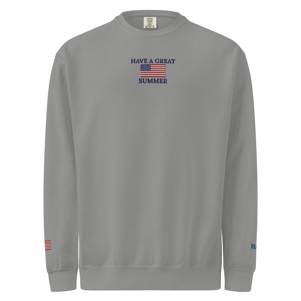Front view of gray HAGS Have a Great Summer USA crewneck sweatshirt, showing small American flag and Have a Great Summer chest embroidery.