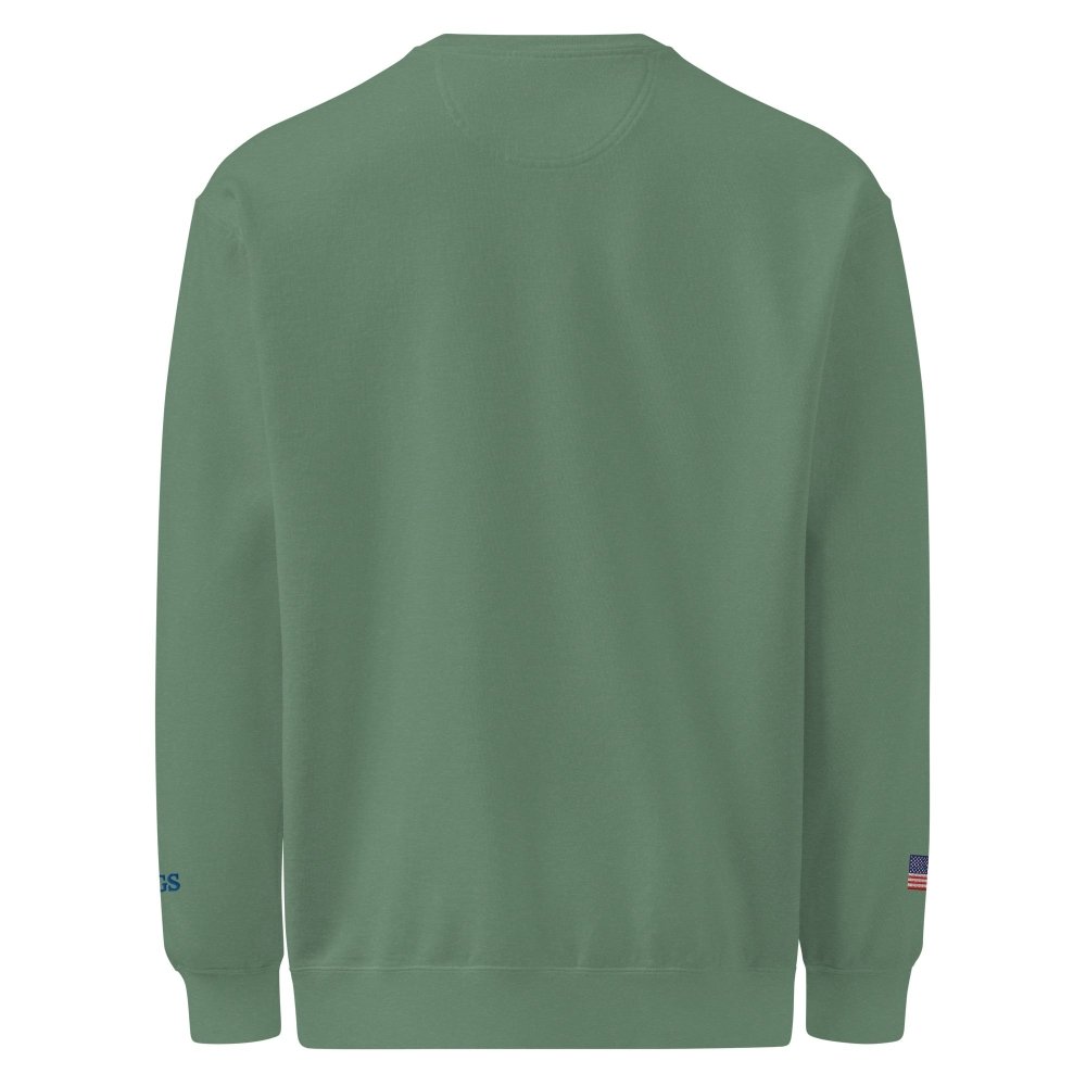 Back view of green HAGS Have a Great Summer USA crewneck sweatshirt, showing plain back.