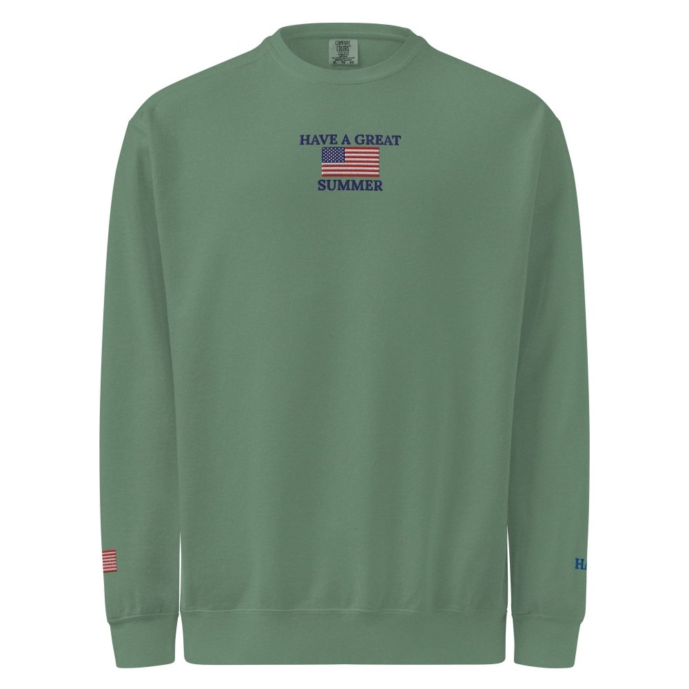 Front view of green HAGS Have a Great Summer USA crewneck sweatshirt, showing small American flag and Have a Great Summer chest embroidery.
