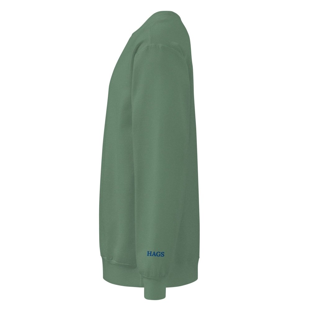 Left-side view of green HAGS Have a Great Summer USA crewneck sweatshirt.