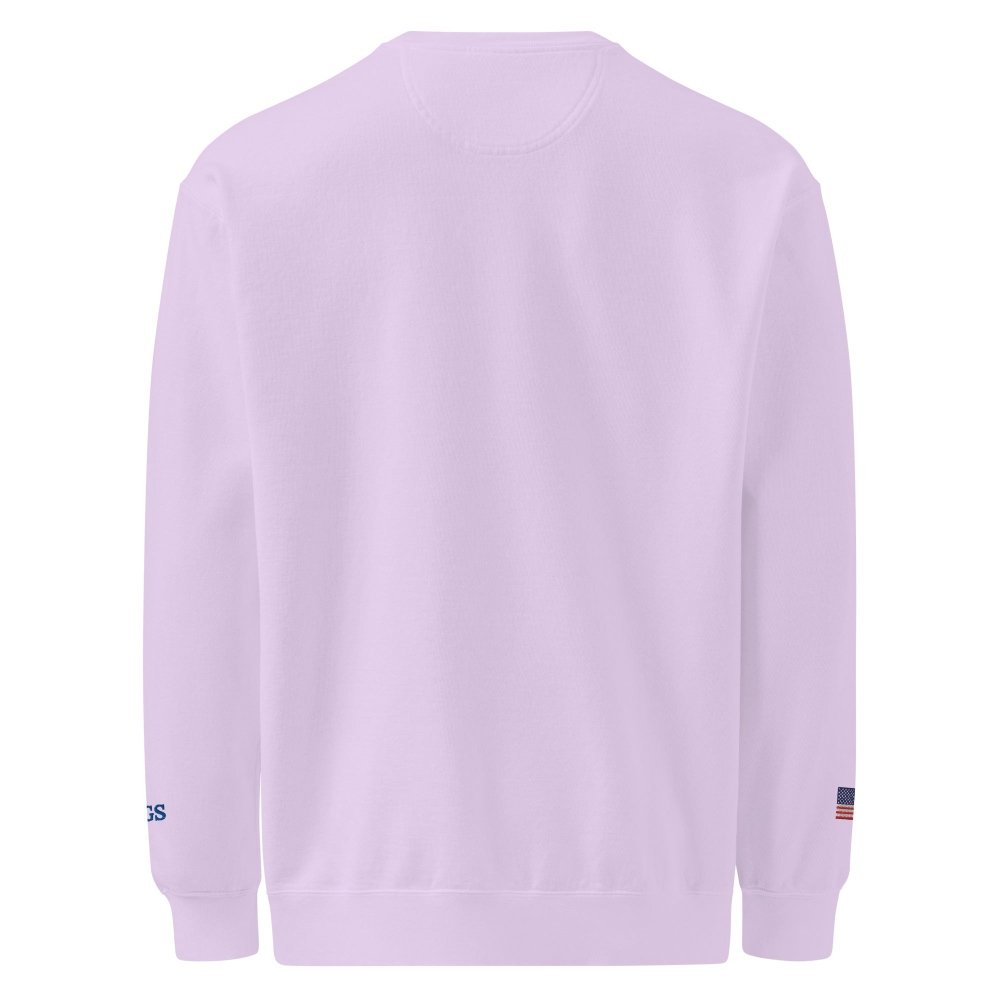 Back view of lavender HAGS Have a Great Summer USA crewneck sweatshirt, showing plain back.