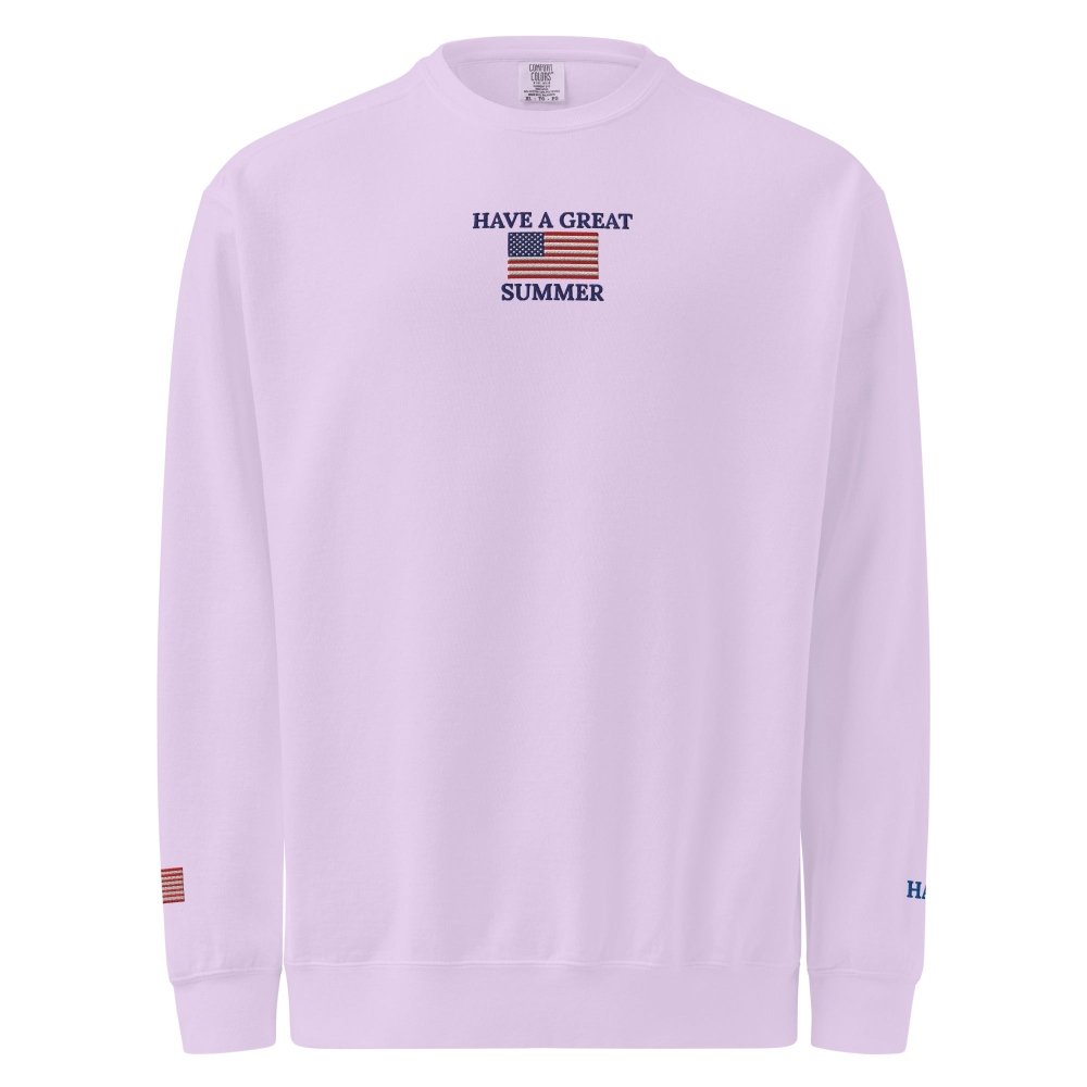 Front view of lavender HAGS Have a Great Summer USA crewneck sweatshirt, showing small American flag and Have a Great Summer chest embroidery.