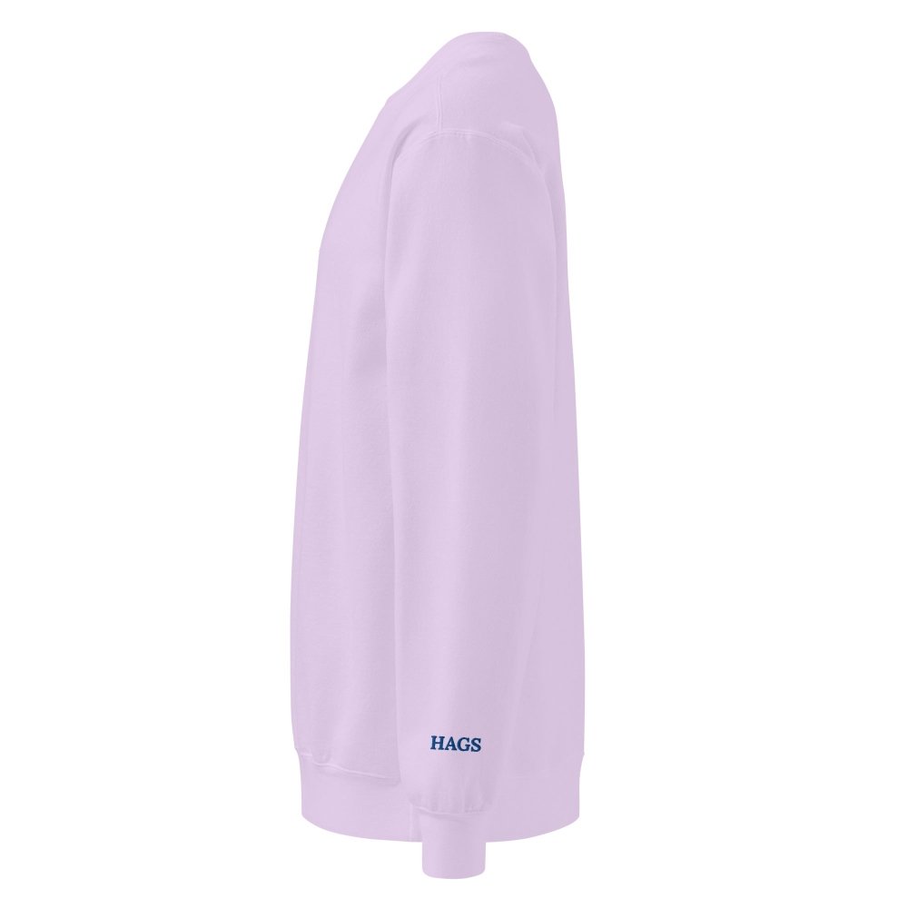 Left-side view of lavender HAGS Have a Great Summer USA crewneck sweatshirt.