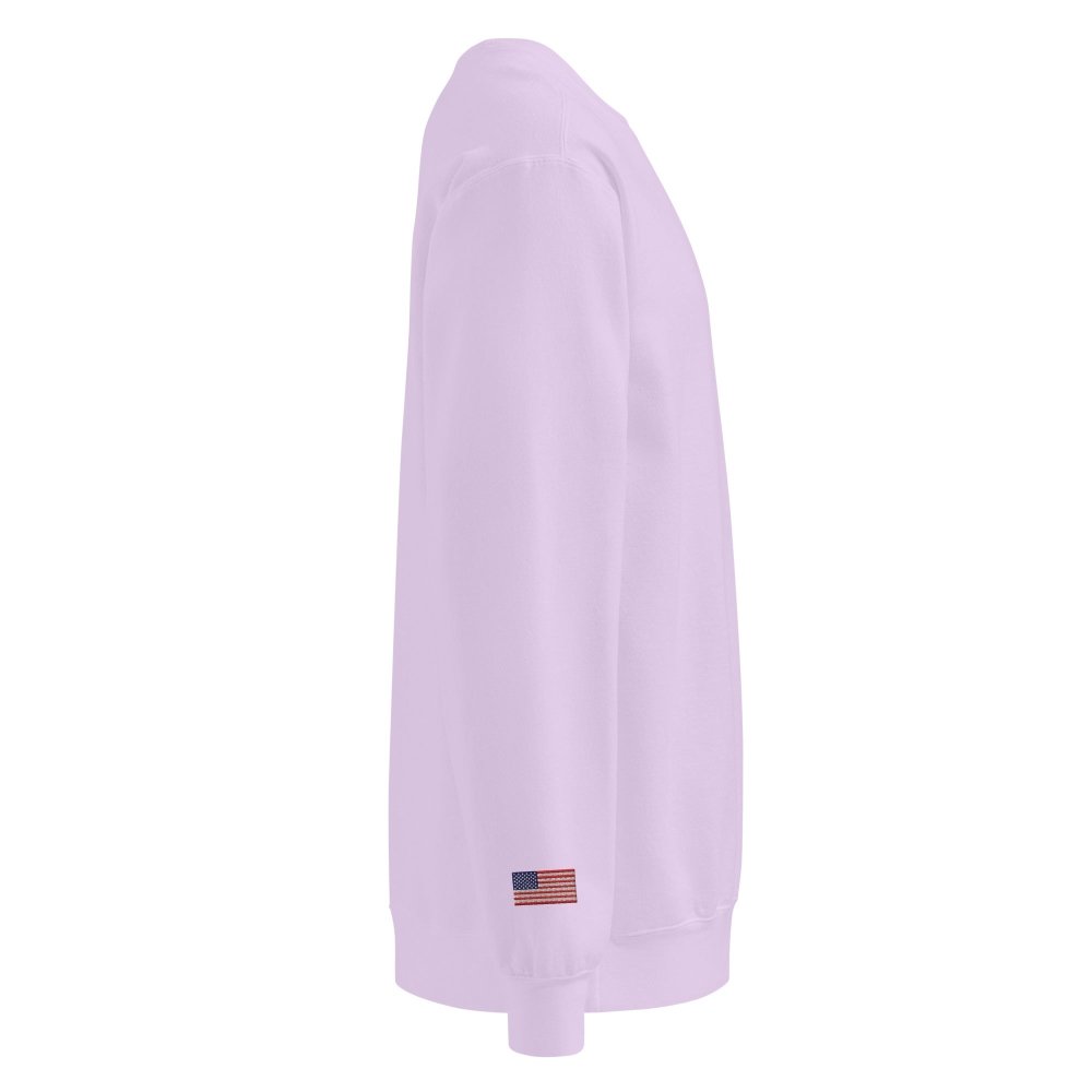 Right-side view of lavender HAGS Have a Great Summer USA crewneck sweatshirt.