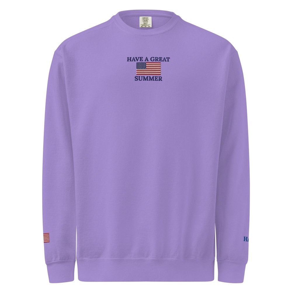 Front view of purple HAGS Have a Great Summer USA crewneck sweatshirt, showing small American flag and Have a Great Summer chest embroidery.