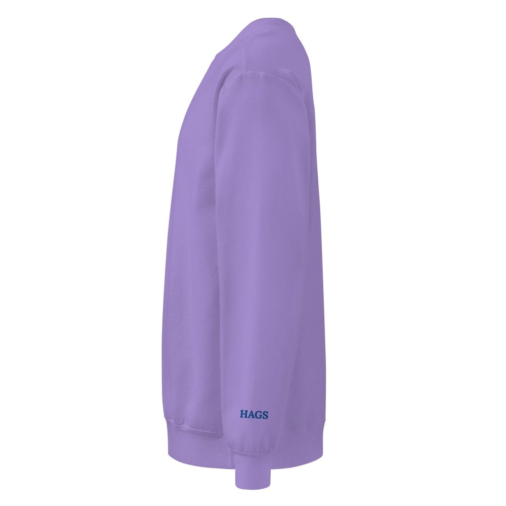 Left-side view of purple HAGS Have a Great Summer USA crewneck sweatshirt.