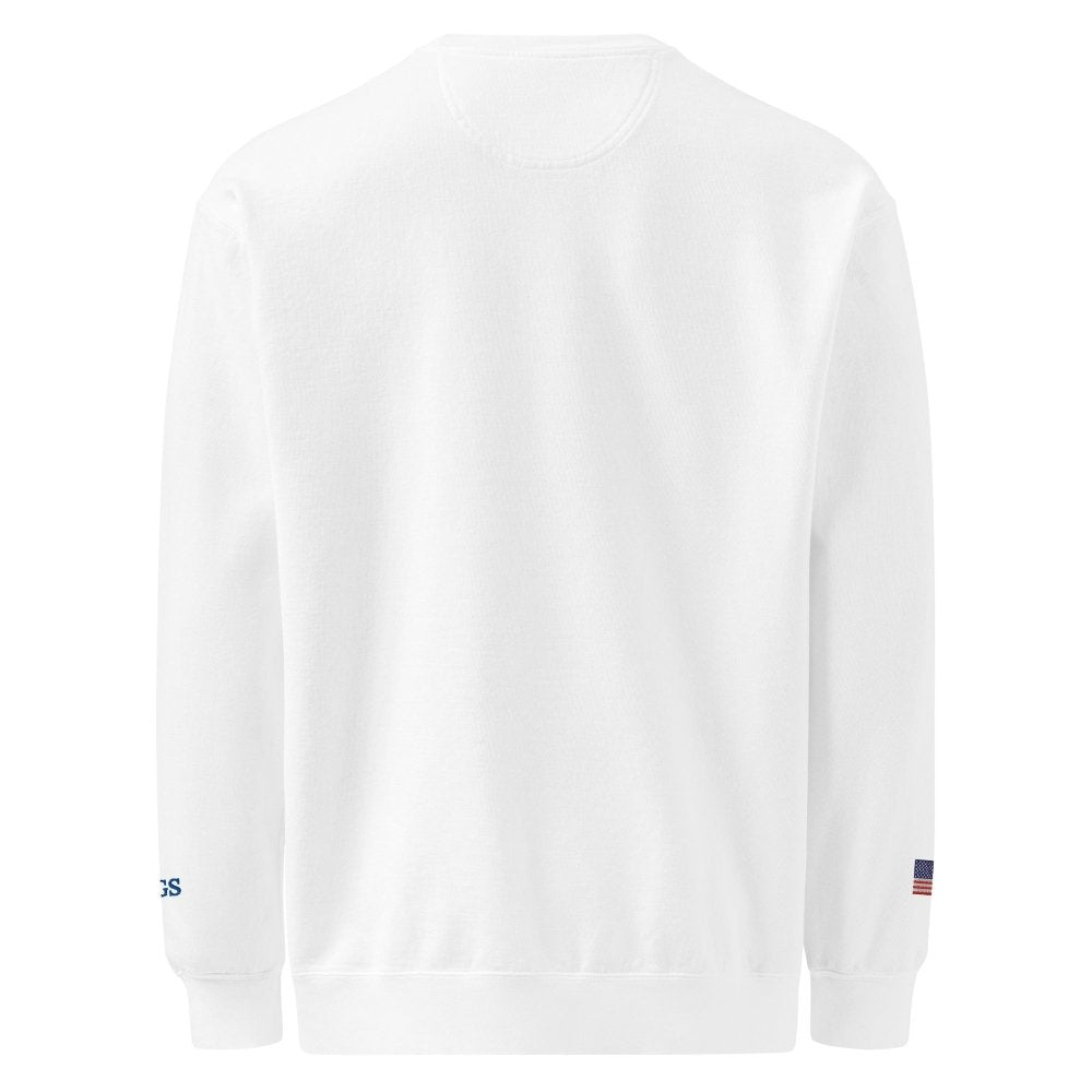 Back view of white HAGS Have a Great Summer USA crewneck sweatshirt, showing plain back.