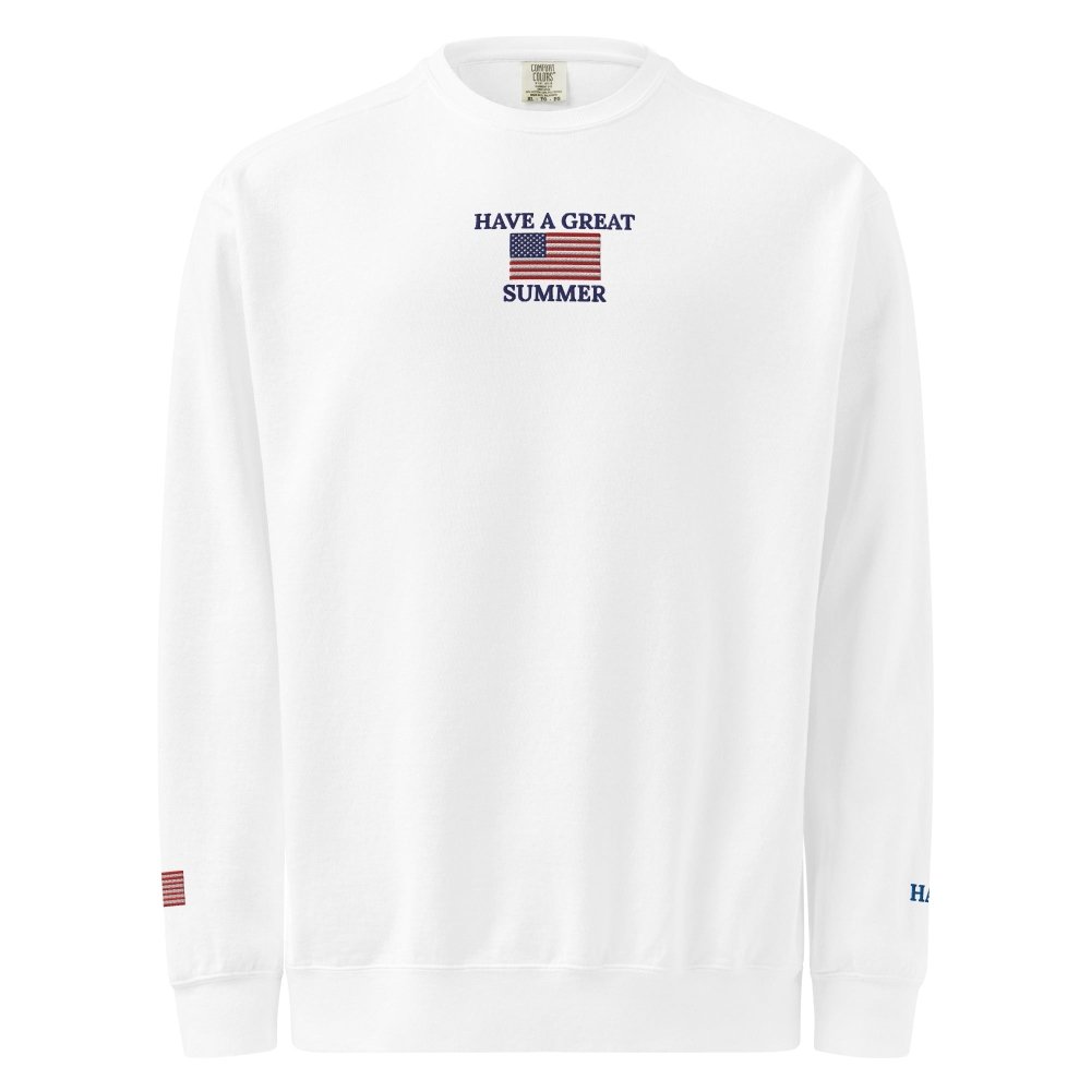 Front view of white HAGS Have a Great Summer USA crewneck sweatshirt, showing small American flag and Have a Great Summer chest embroidery.