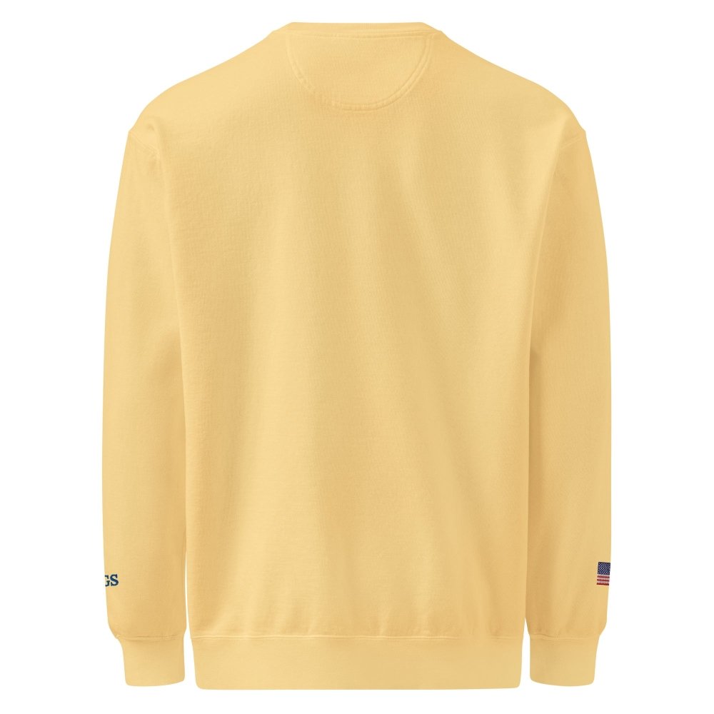 Back view of yellow HAGS Have a Great Summer USA crewneck sweatshirt, showing plain back.