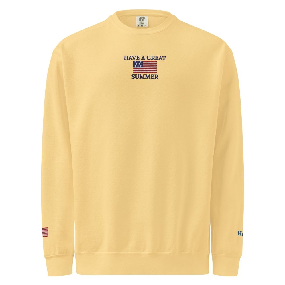 Front view of yellow HAGS Have a Great Summer USA crewneck sweatshirt, showing small American flag and Have a Great Summer chest embroidery.