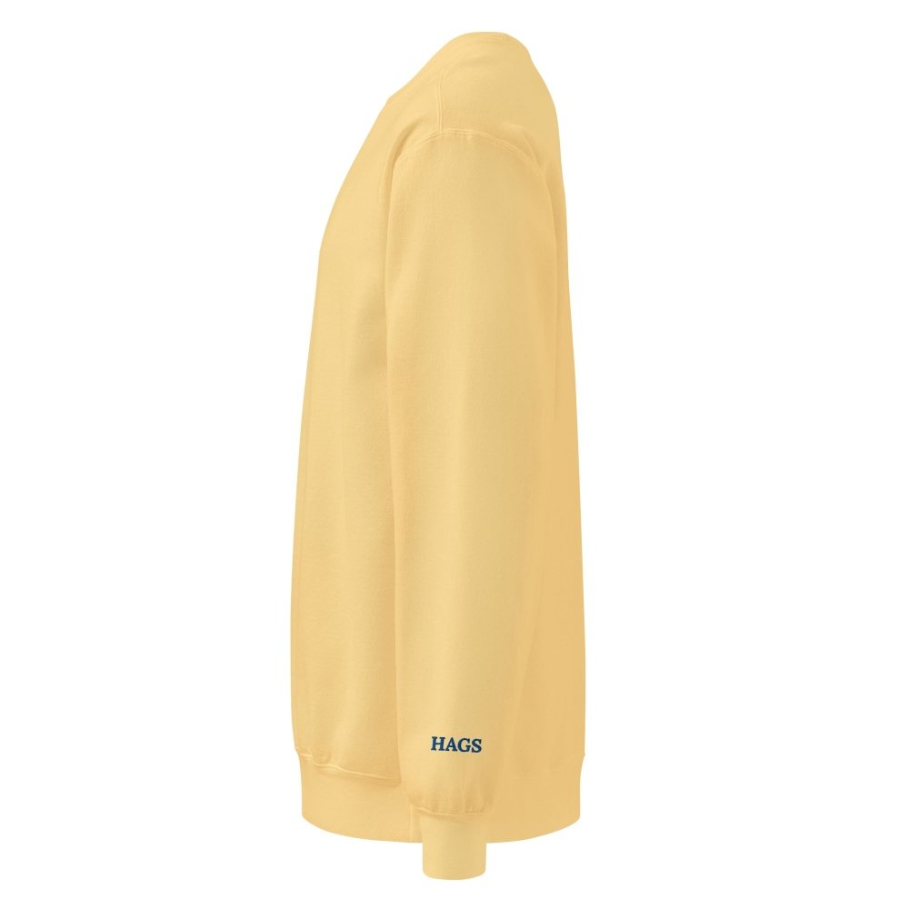 Left-side view of yellow HAGS Have a Great Summer USA crewneck sweatshirt.