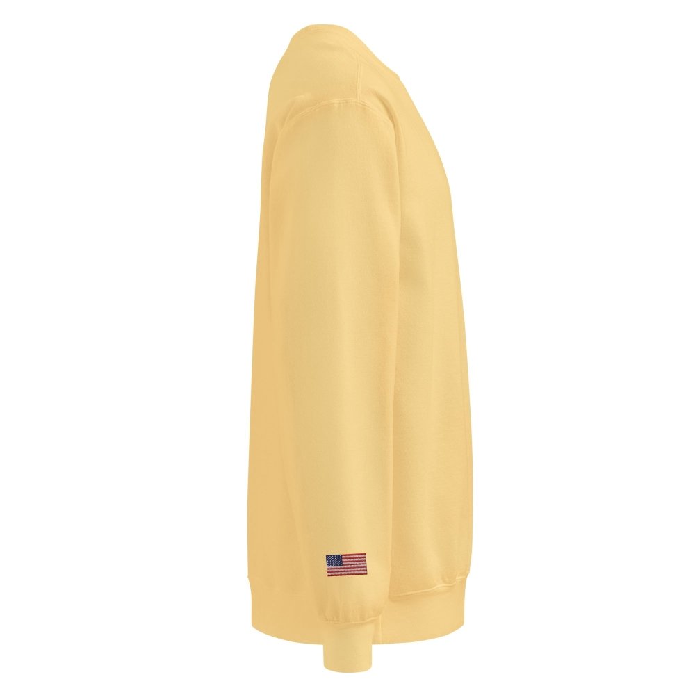 Right-side view of yellow HAGS Have a Great Summer USA crewneck sweatshirt.