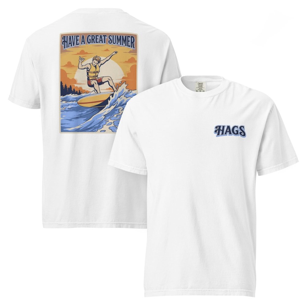 Front and back views of white HAGS Have a Great Summer wakeboard T-shirt, showing small HAGS chest logo and a wakeboarder and sunset illustration.