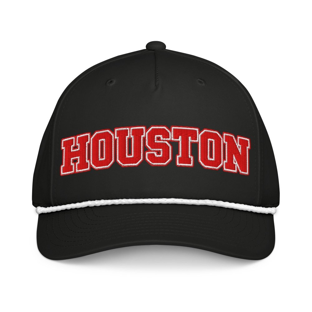 Front view of black HAGS Houston Texas rope hat, showing red HOUSTON lettering and contrasting rope.