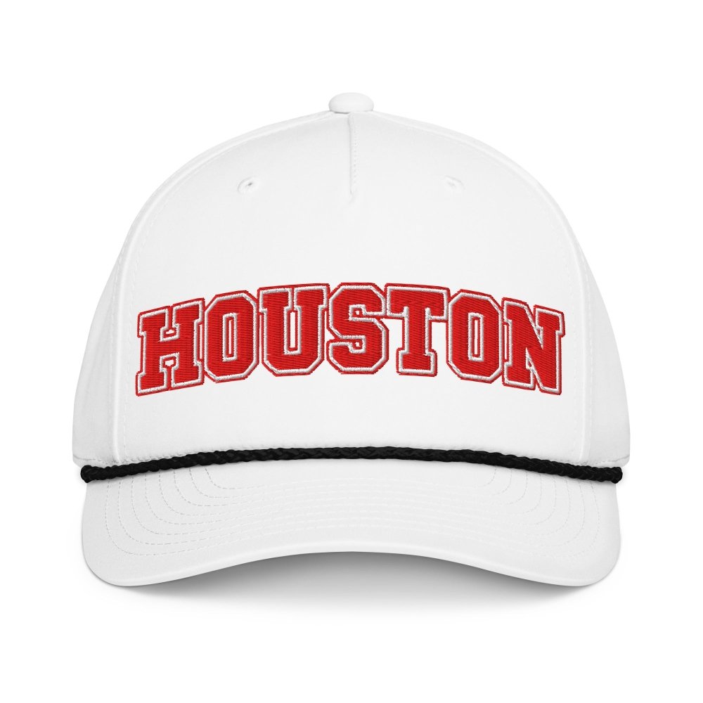 Front view of white HAGS Houston Texas rope hat, showing red HOUSTON lettering and contrasting rope.