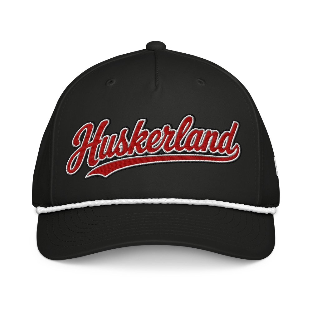 Front view of black HAGS Huskerland Nebraska rope hat, showing red Huskerland script.