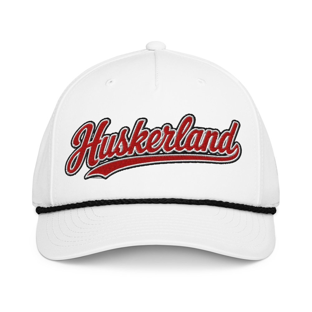 Front view of white HAGS Huskerland Nebraska rope hat, showing red Huskerland script.