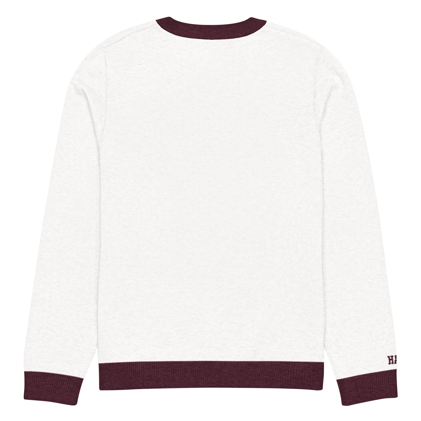 Back view of white and burgundy HAGS Kansas City KC bear knit sweater, showing plain back and burgundy trim.