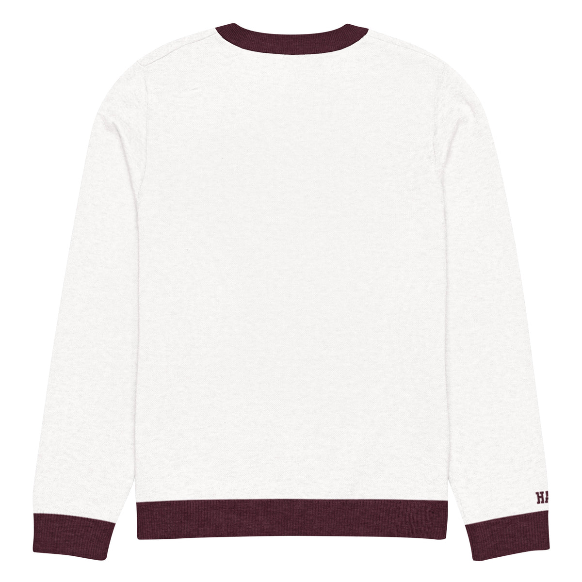 Back view of white and burgundy HAGS Kansas City KC bear knit sweater, showing plain back and burgundy trim.