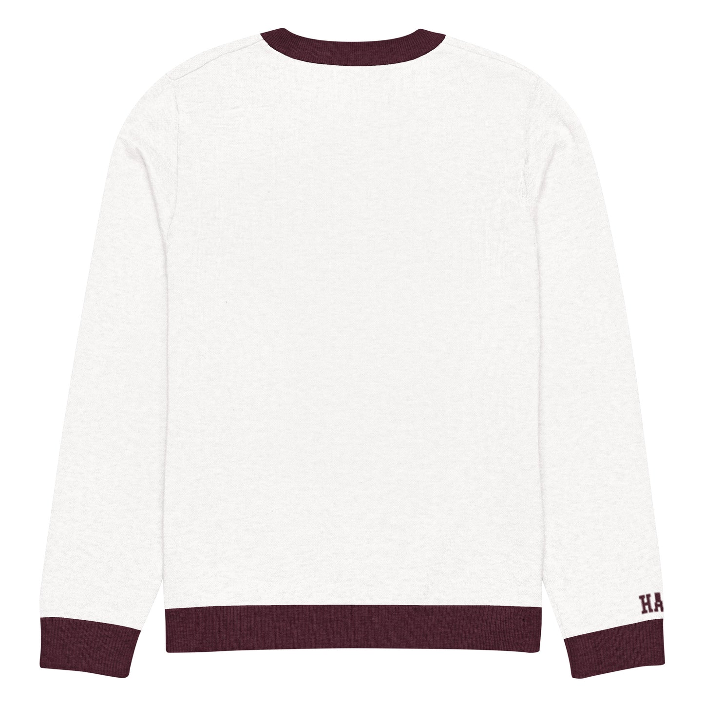 Back view of white and burgundy HAGS Kansas City KC bear knit sweater, showing plain back and burgundy trim.