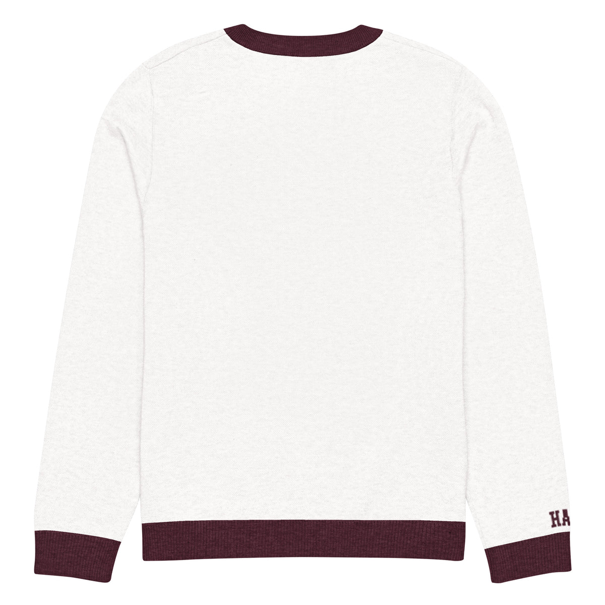 Back view of white and burgundy HAGS Kansas City KC bear knit sweater, showing plain back and burgundy trim.