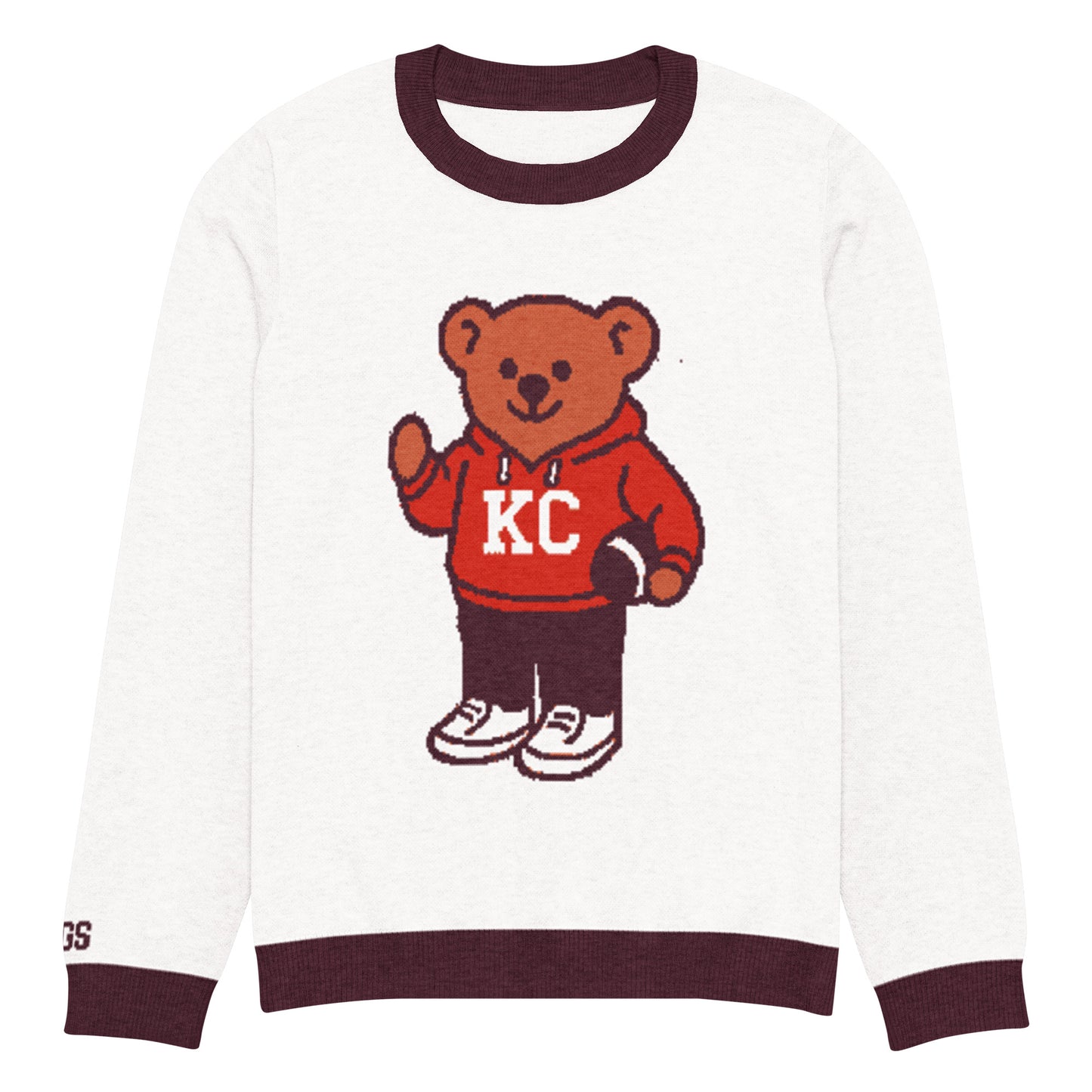 Front view of white and burgundy HAGS Kansas City KC bear knit sweater, showing a bear in a red KC football sweater and burgundy trim.