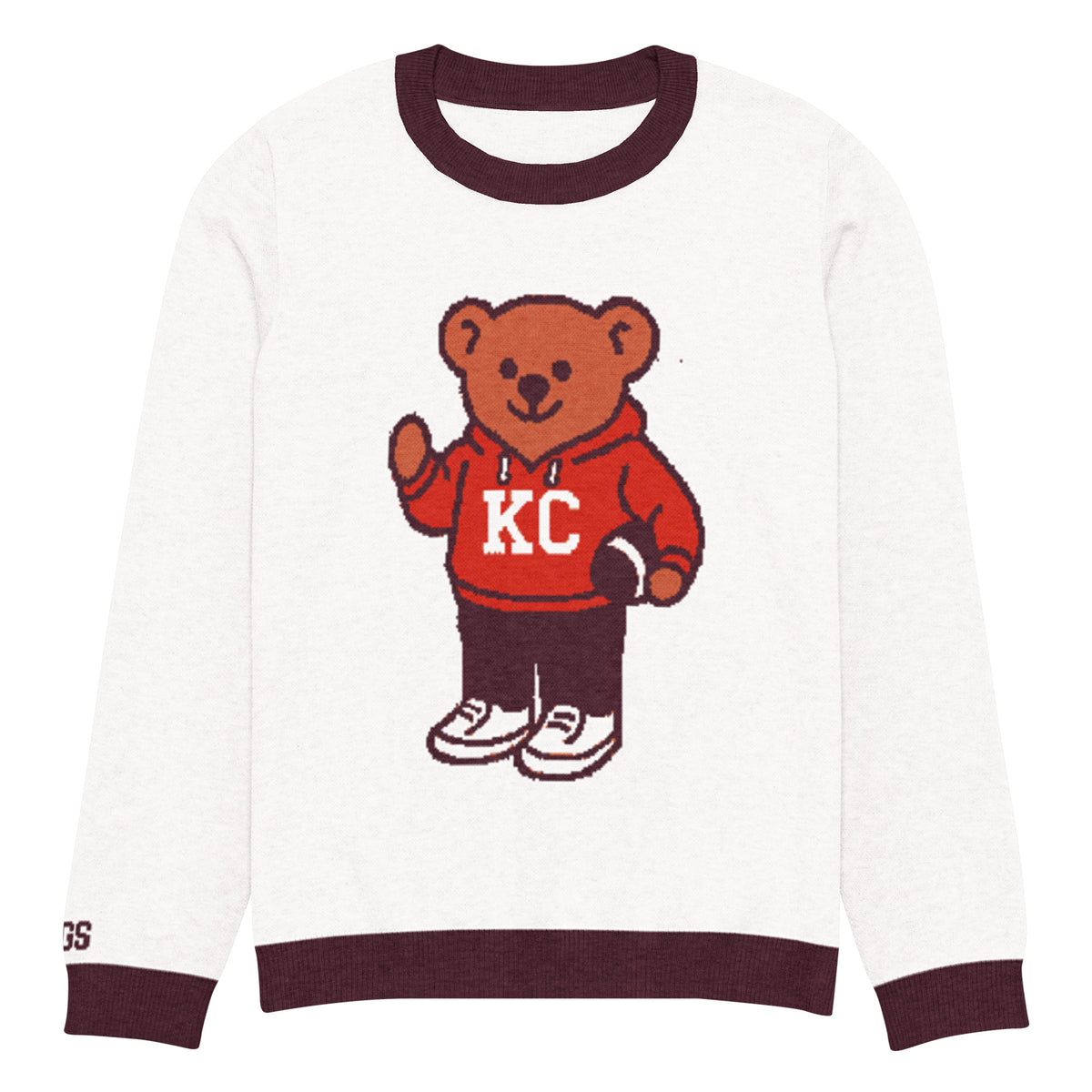 Front view of white and burgundy HAGS Kansas City KC bear knit sweater, showing a bear in a red KC football sweater and burgundy trim.