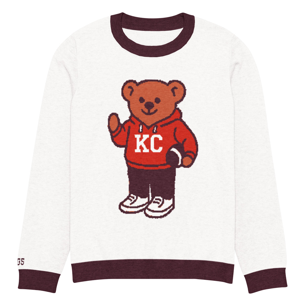 Front view of white and burgundy HAGS Kansas City KC bear knit sweater, showing a bear in a red KC football sweater and burgundy trim.
