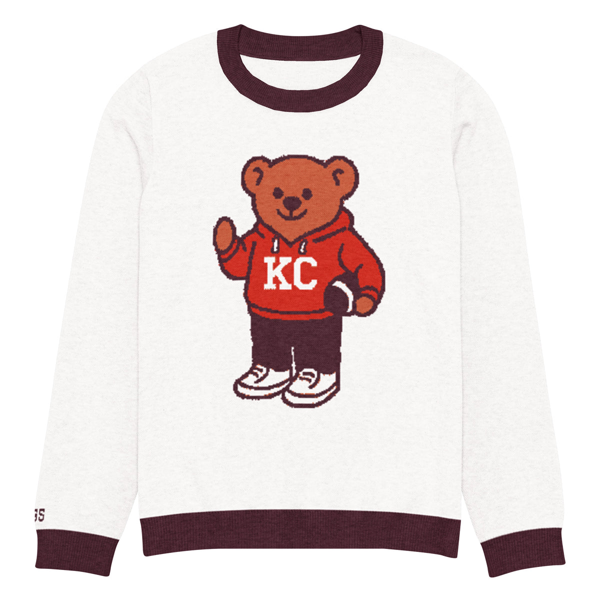 Front view of white and burgundy HAGS Kansas City KC bear knit sweater, showing a bear in a red KC football sweater and burgundy trim.