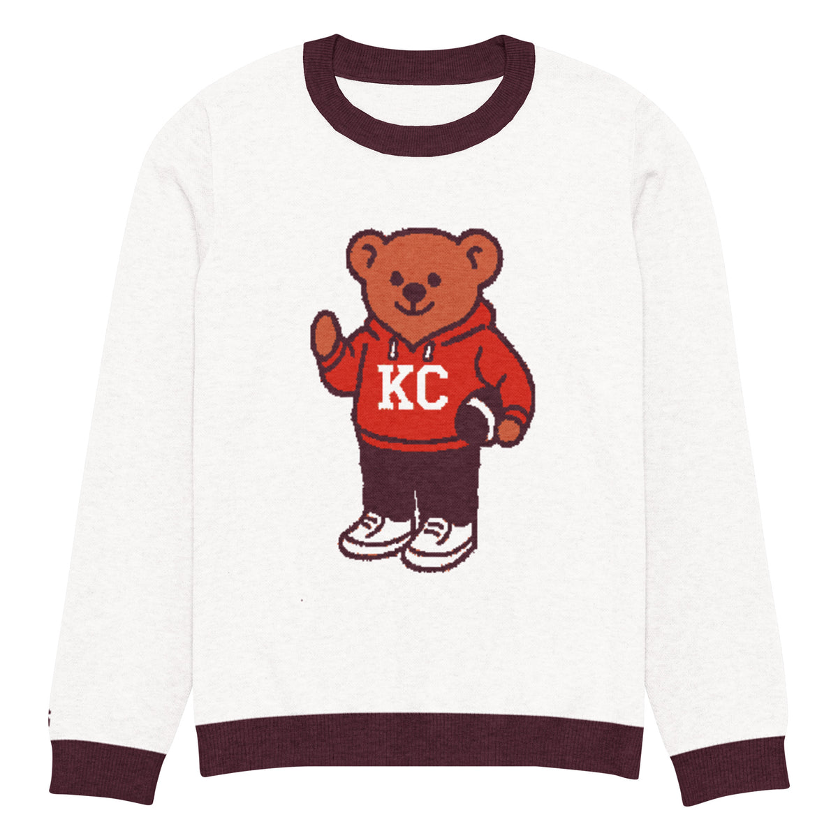 Front view of white and burgundy HAGS Kansas City KC bear knit sweater, showing a bear in a red KC football sweater and burgundy trim.