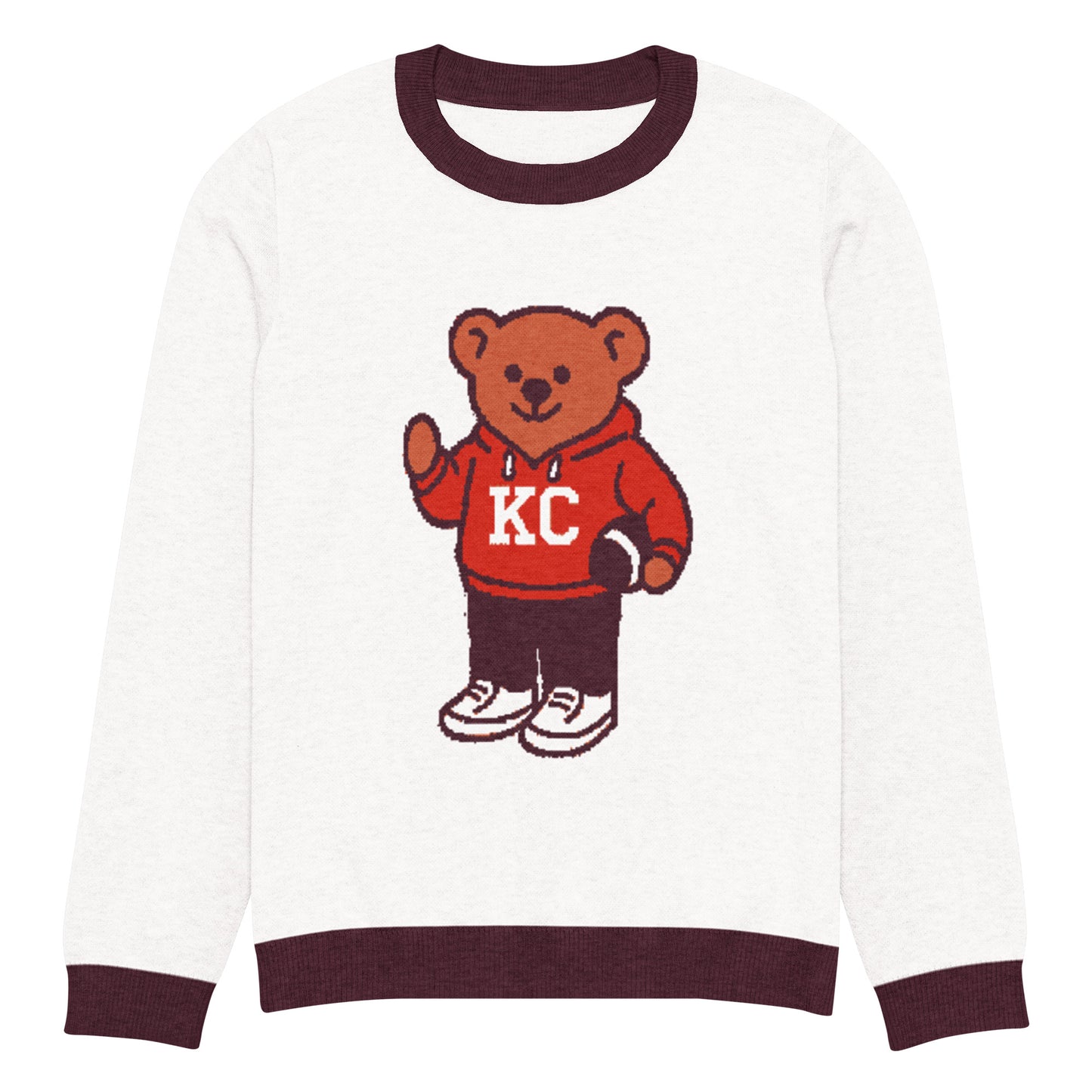 Front view of white and burgundy HAGS Kansas City KC bear knit sweater, showing a bear in a red KC football sweater and burgundy trim.