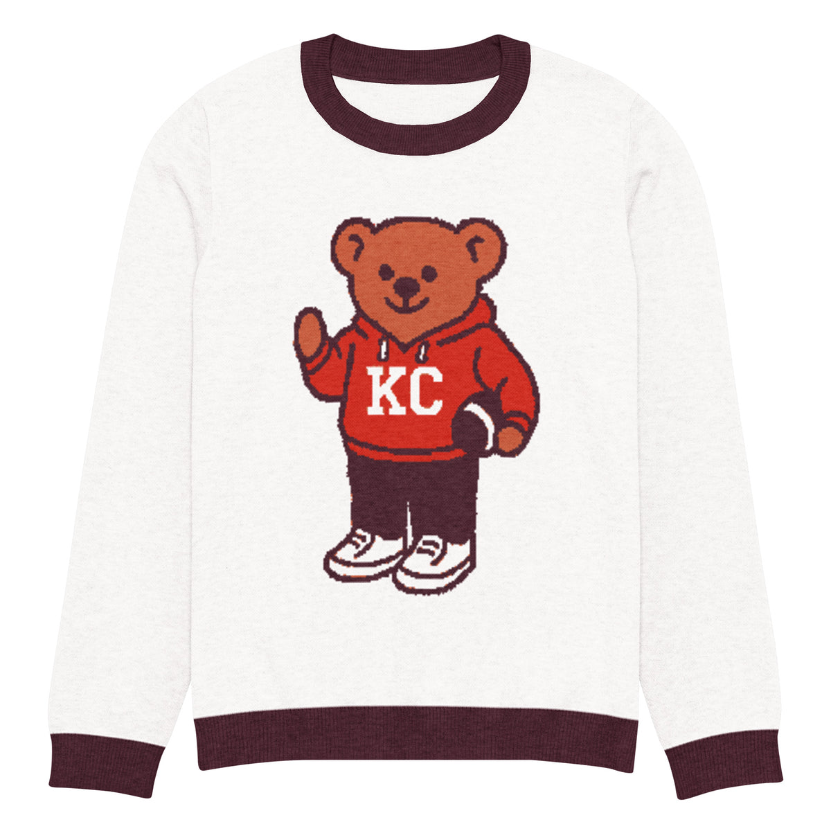 Front view of white and burgundy HAGS Kansas City KC bear knit sweater, showing a bear in a red KC football sweater and burgundy trim.
