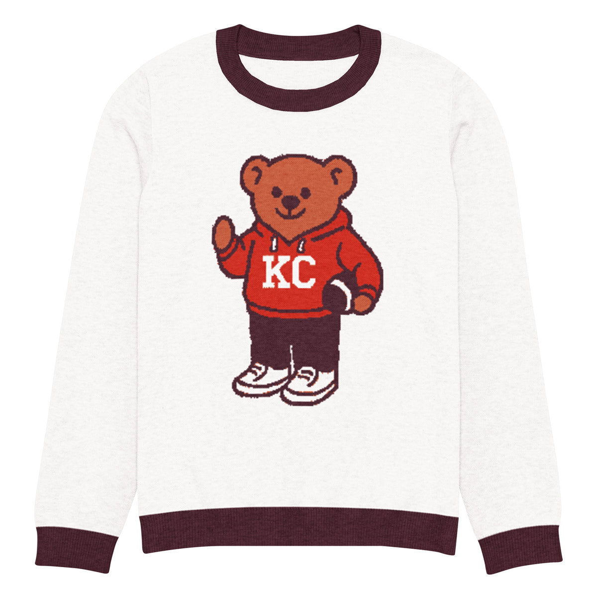 Front view of white and burgundy HAGS Kansas City KC bear knit sweater, showing a bear in a red KC football sweater and burgundy trim.