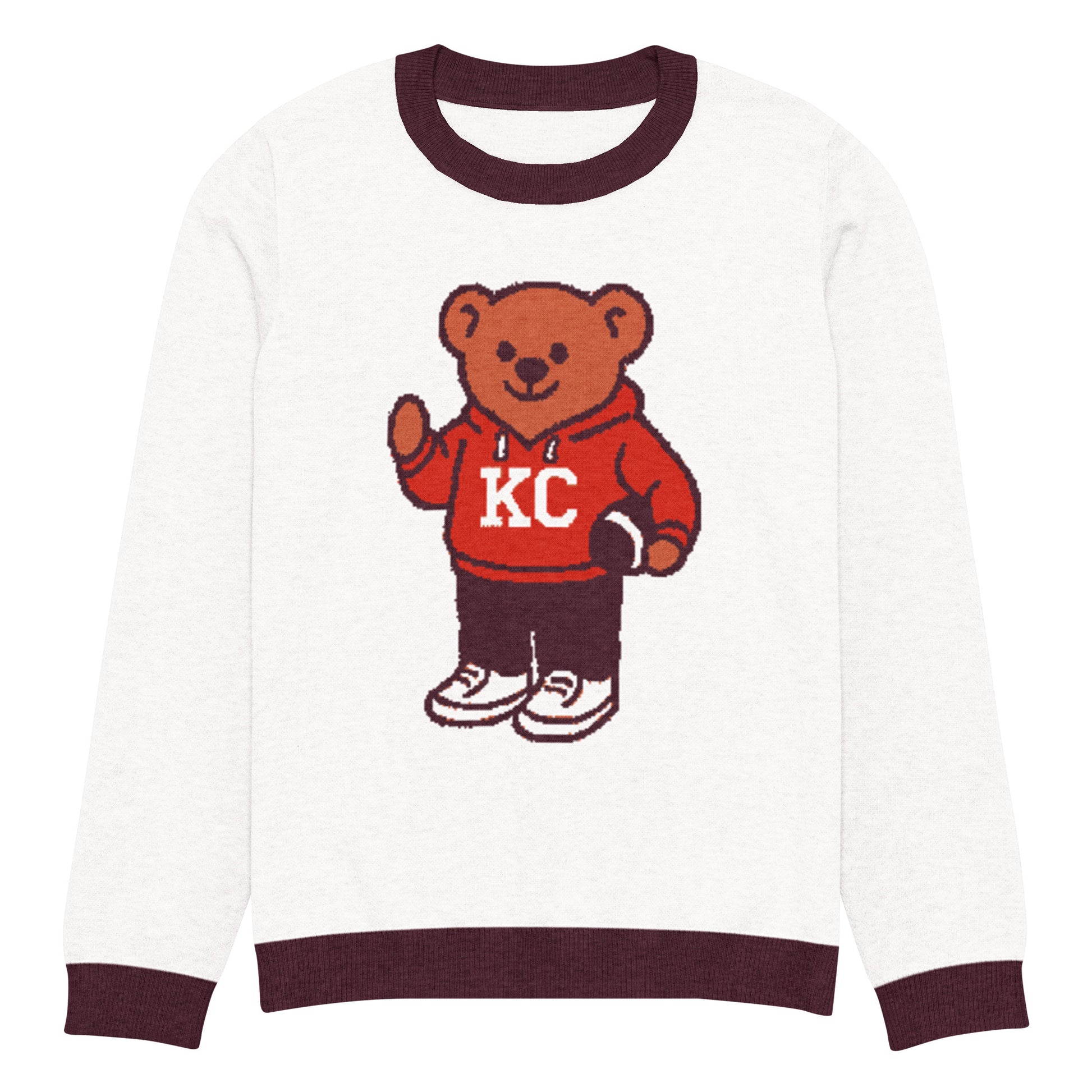 Front view of white and burgundy HAGS Kansas City KC bear knit sweater, showing a bear in a red KC football sweater and burgundy trim.