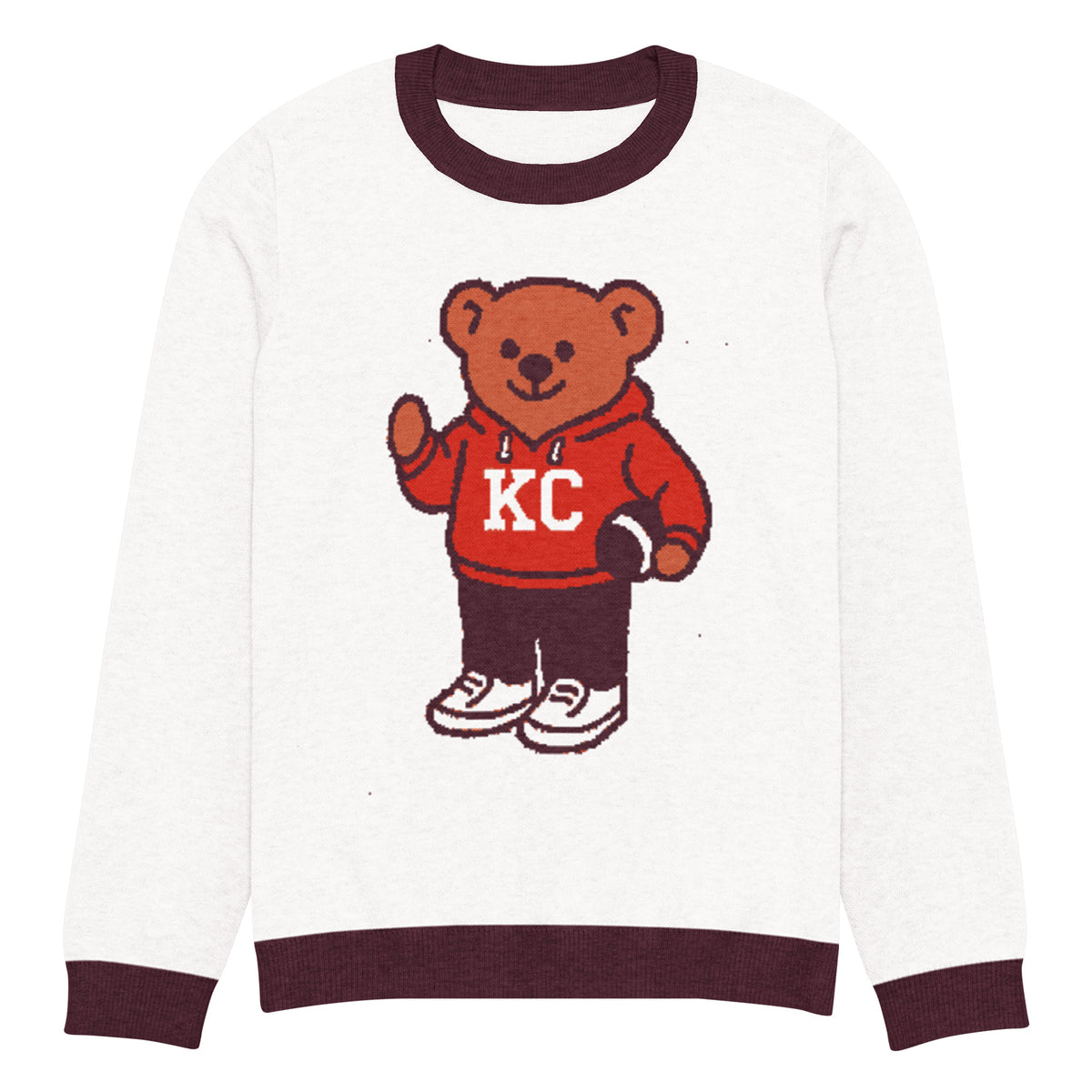 Front view of white and burgundy HAGS Kansas City KC bear knit sweater, showing a bear in a red KC football sweater and burgundy trim.