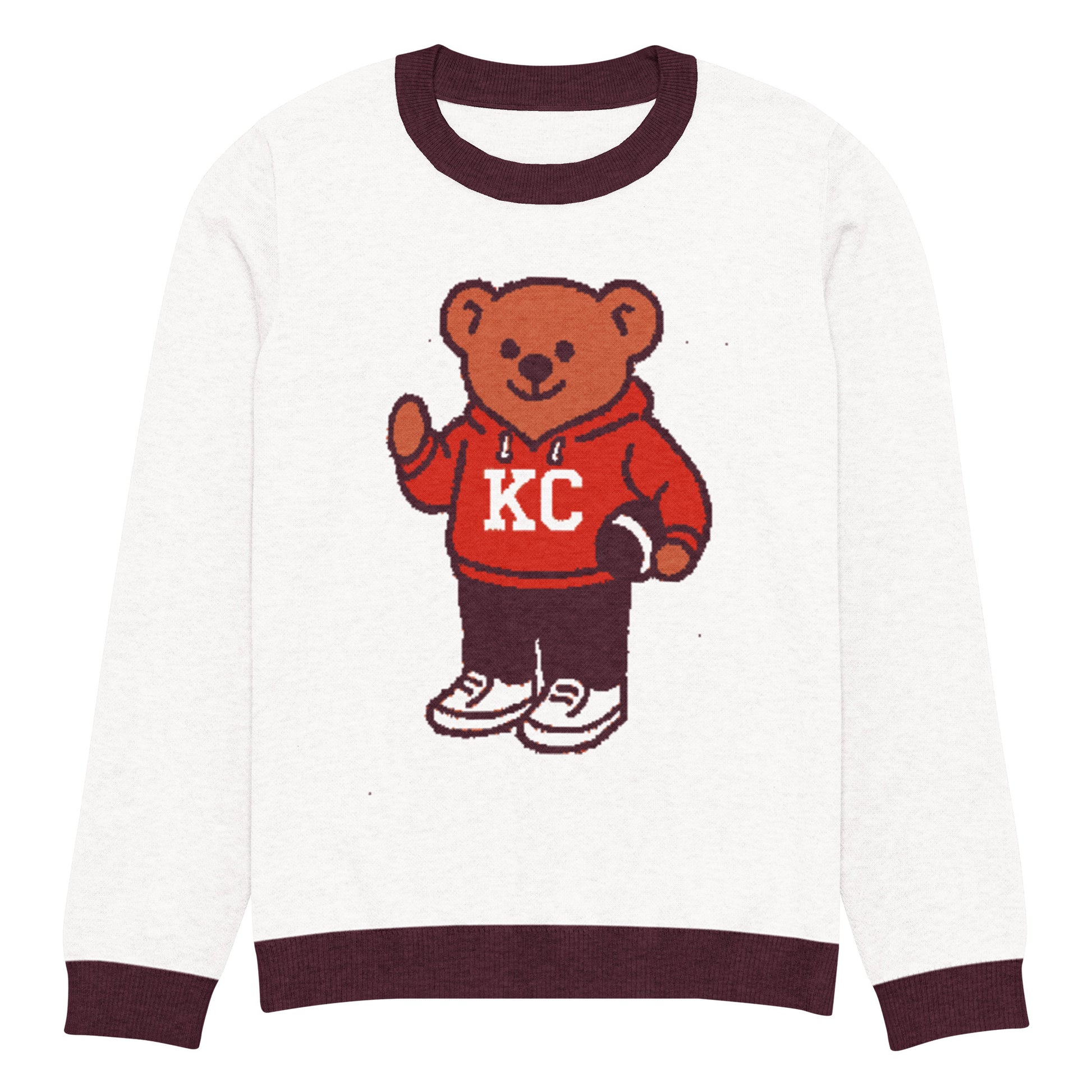 Front view of white and burgundy HAGS Kansas City KC bear knit sweater, showing a bear in a red KC football sweater and burgundy trim.