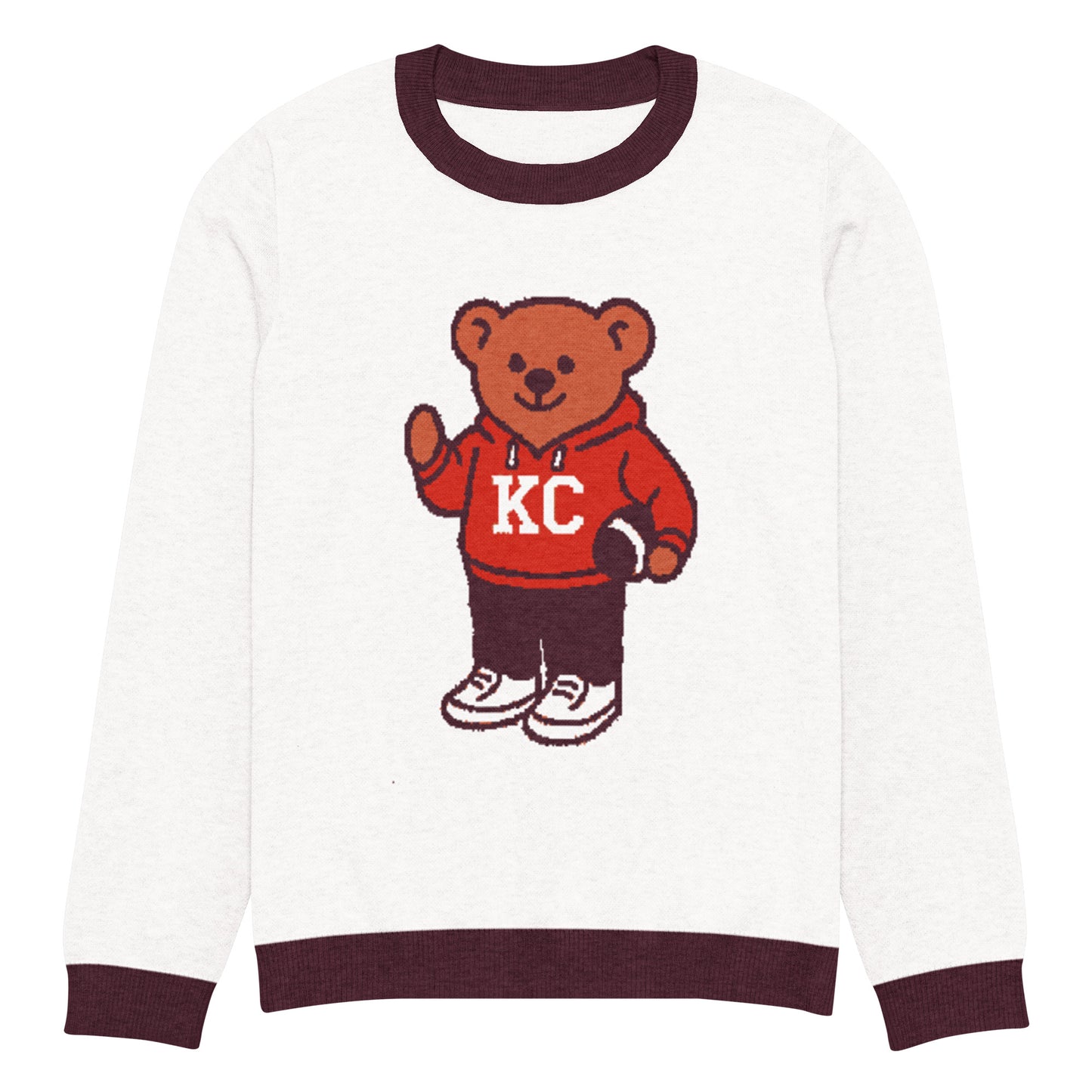 Front view of white and burgundy HAGS Kansas City KC bear knit sweater, showing a bear in a red KC football sweater and burgundy trim.