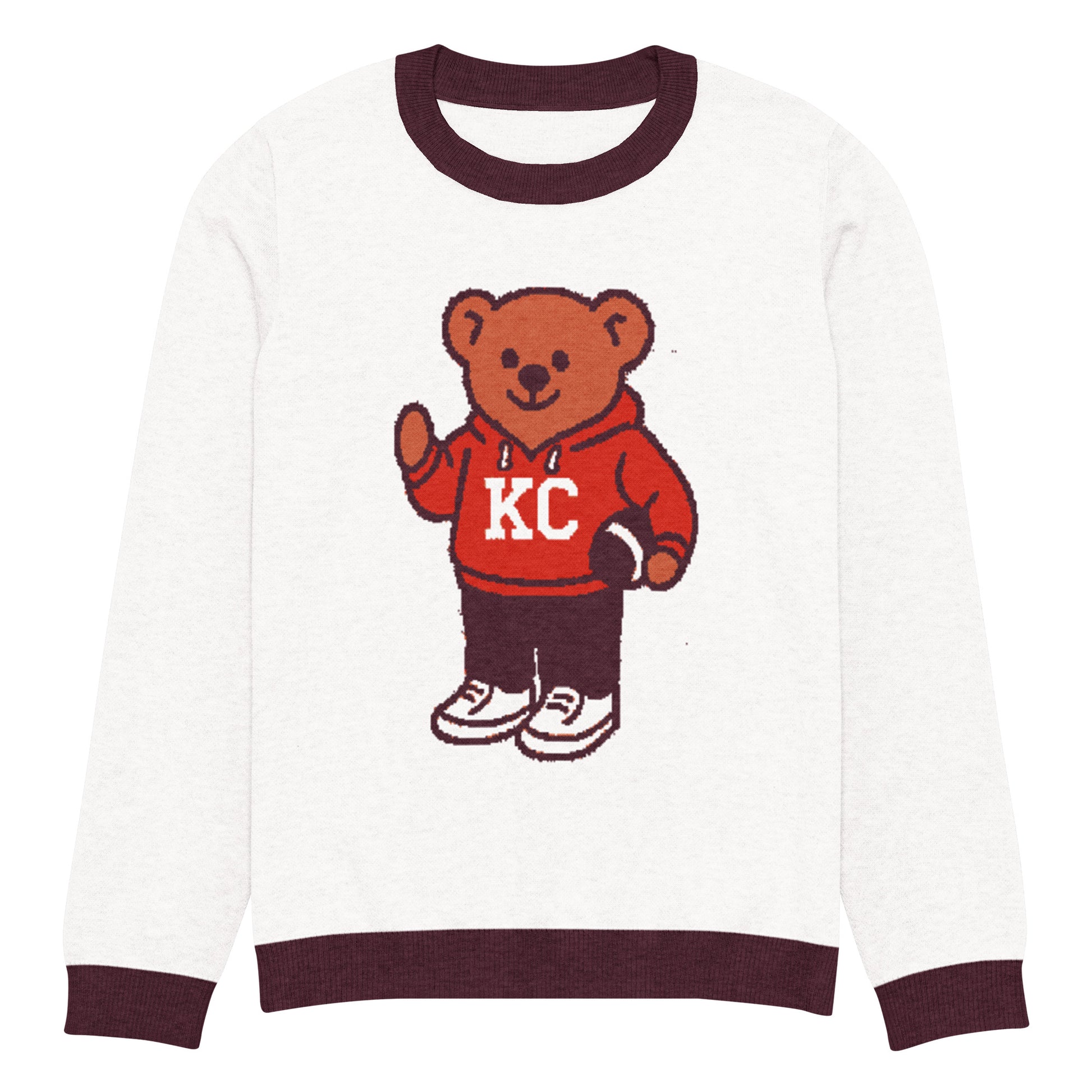 Front view of white and burgundy HAGS Kansas City KC bear knit sweater, showing a bear in a red KC football sweater and burgundy trim.