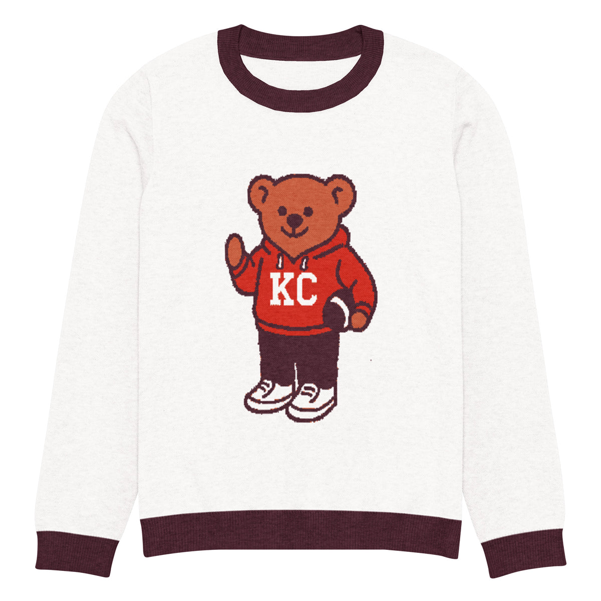 Front view of white and burgundy HAGS Kansas City KC bear knit sweater, showing a bear in a red KC football sweater and burgundy trim.