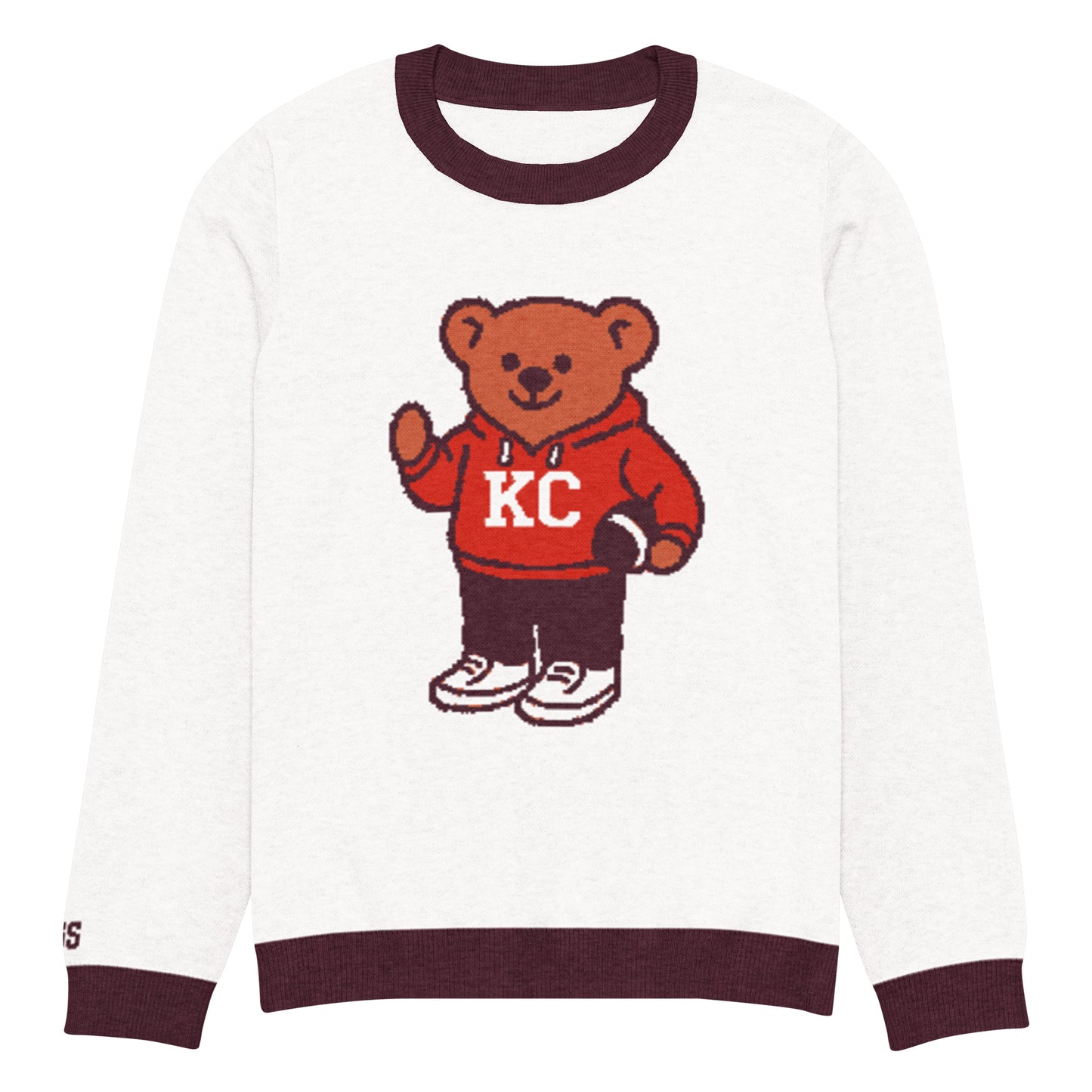 Front view of white and burgundy HAGS Kansas City KC bear knit sweater, showing a bear in a red KC football sweater and burgundy trim.