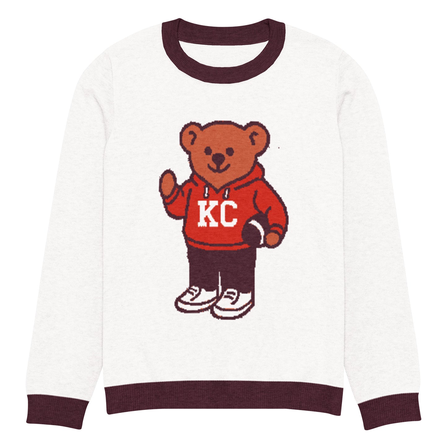 Front view of white and burgundy HAGS Kansas City KC bear knit sweater, showing a bear in a red KC football sweater and burgundy trim.