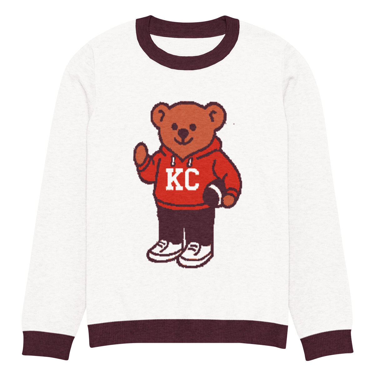 Front view of white and burgundy HAGS Kansas City KC bear knit sweater, showing a bear in a red KC football sweater and burgundy trim.